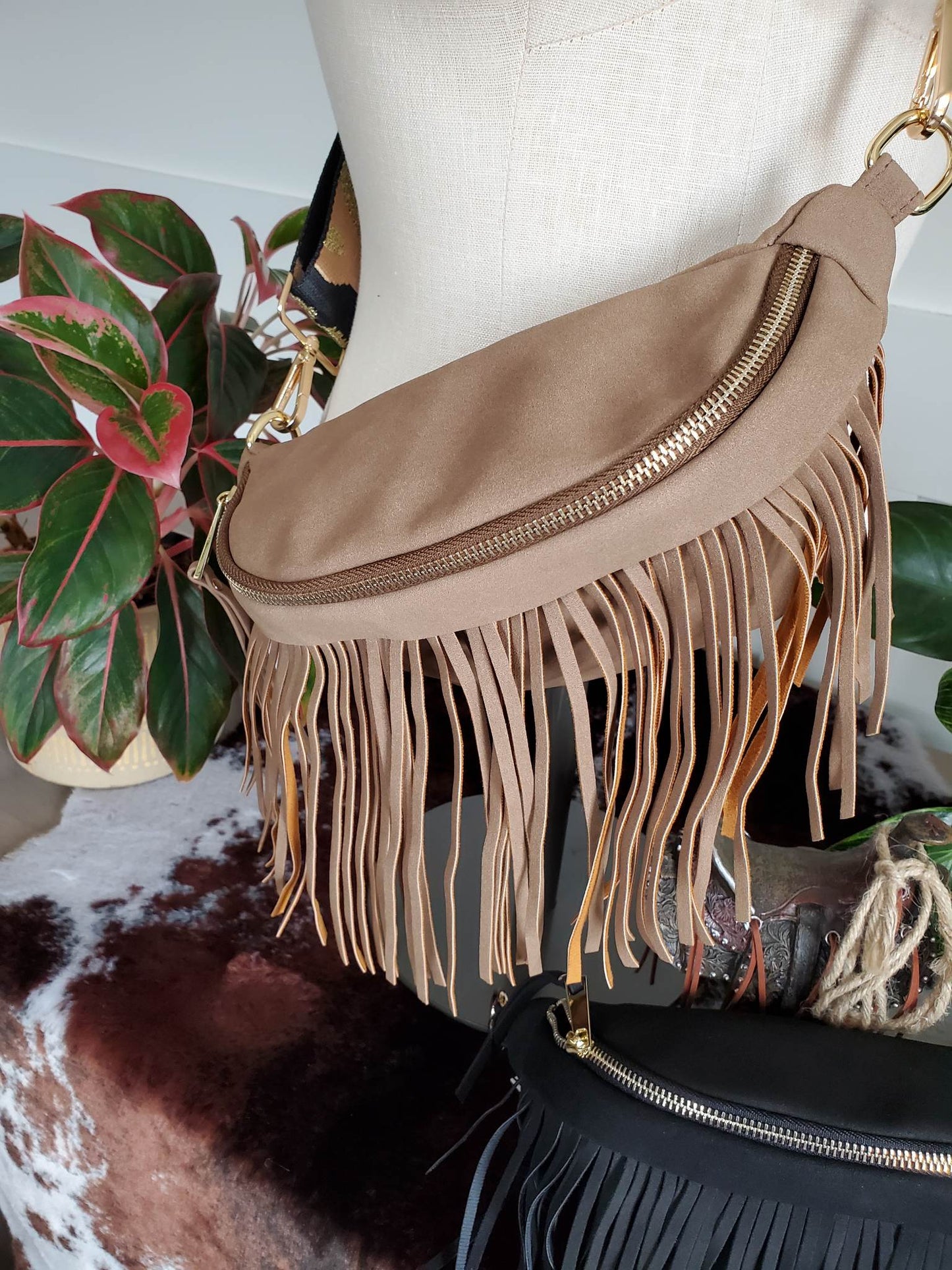 Removable Fringe Western Style Suede Bum Sling Hip Bag