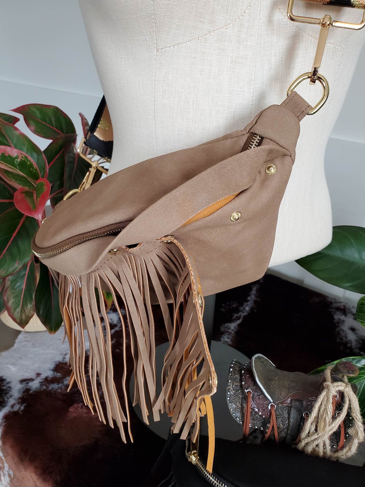 Removable Fringe Western Style Suede Bum Sling Hip Bag
