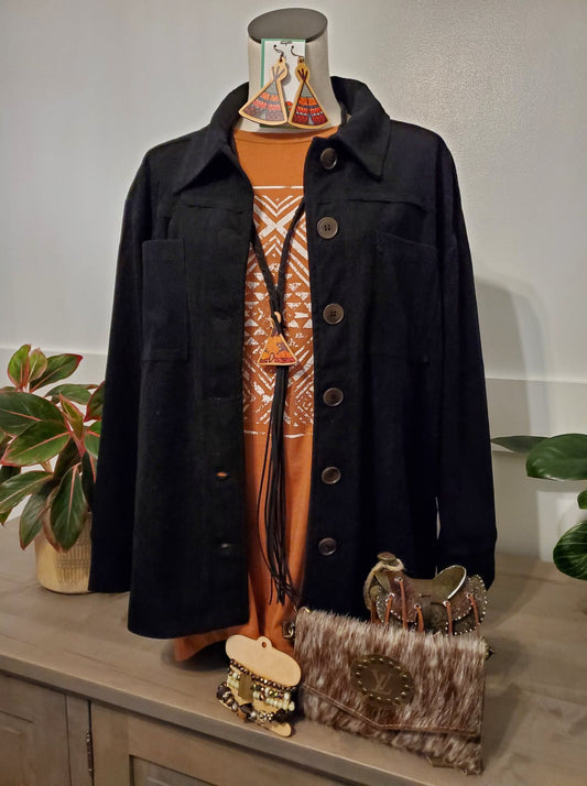 Corduroy Long Sleeve Black Crochet Back Jacket