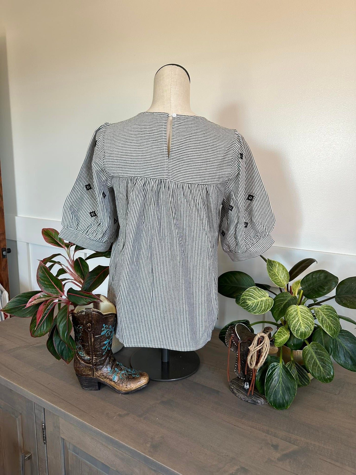 Black Denim Stripe Embroidered Front Baby Doll Top