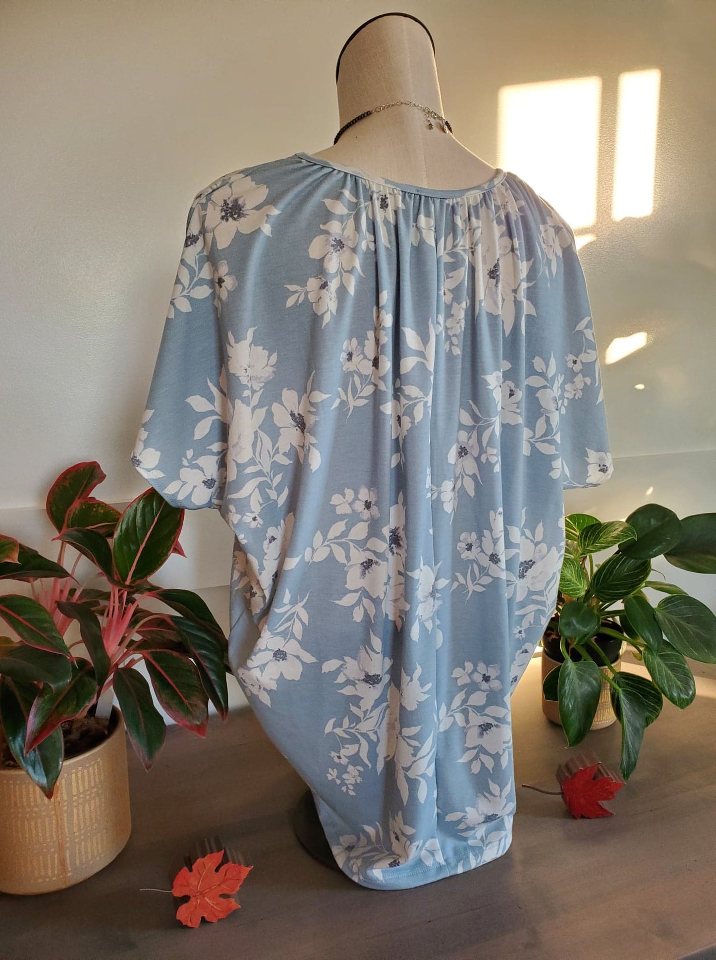 Floral Blue Dolman Short Sleeve Top