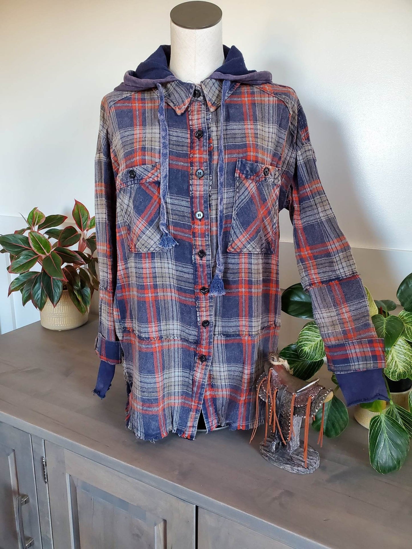 Washed Plaid Button Down Hoodie Shirts/Jacket