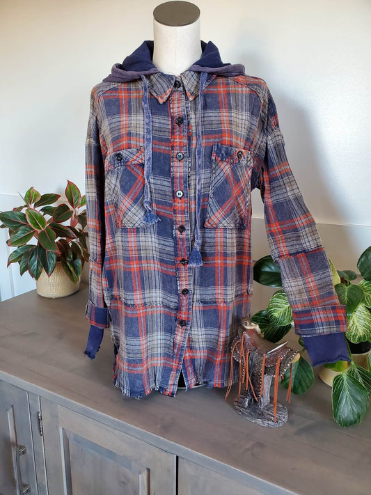 Washed Plaid Button Down Hoodie Shirts/Jacket