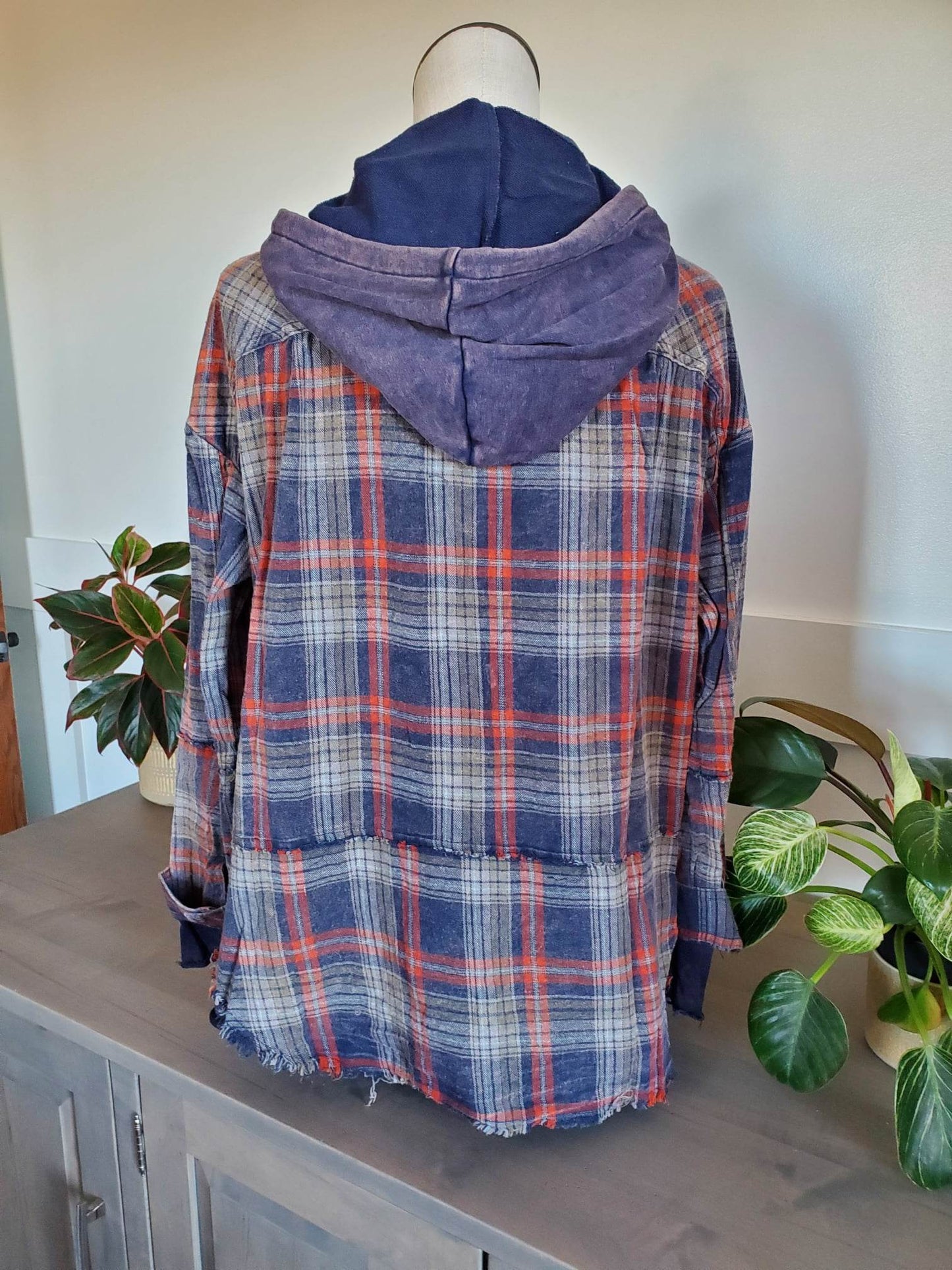 Washed Plaid Button Down Hoodie Shirts/Jacket