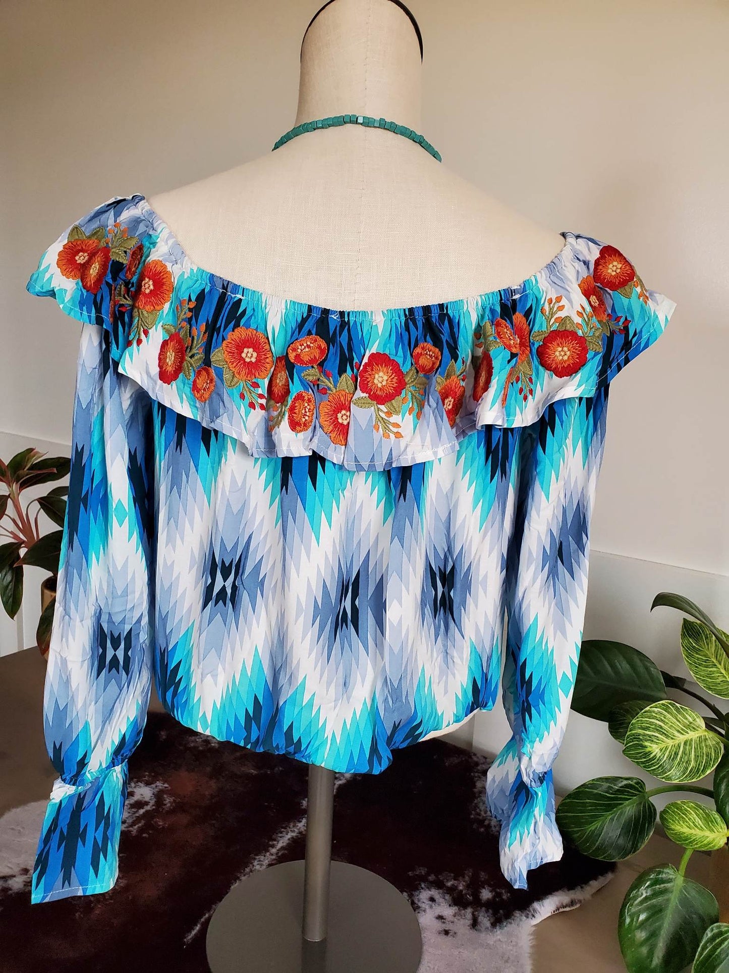 Ruffle Embroidered Blue Aztec Crop Top