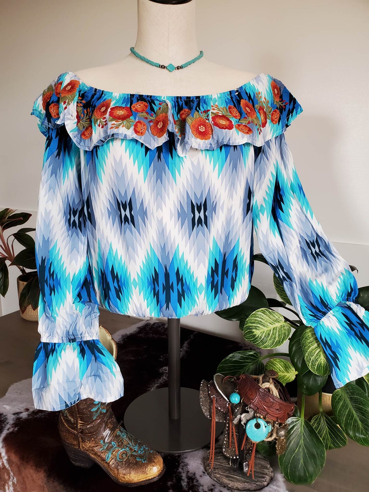 Ruffle Embroidered Blue Aztec Crop Top