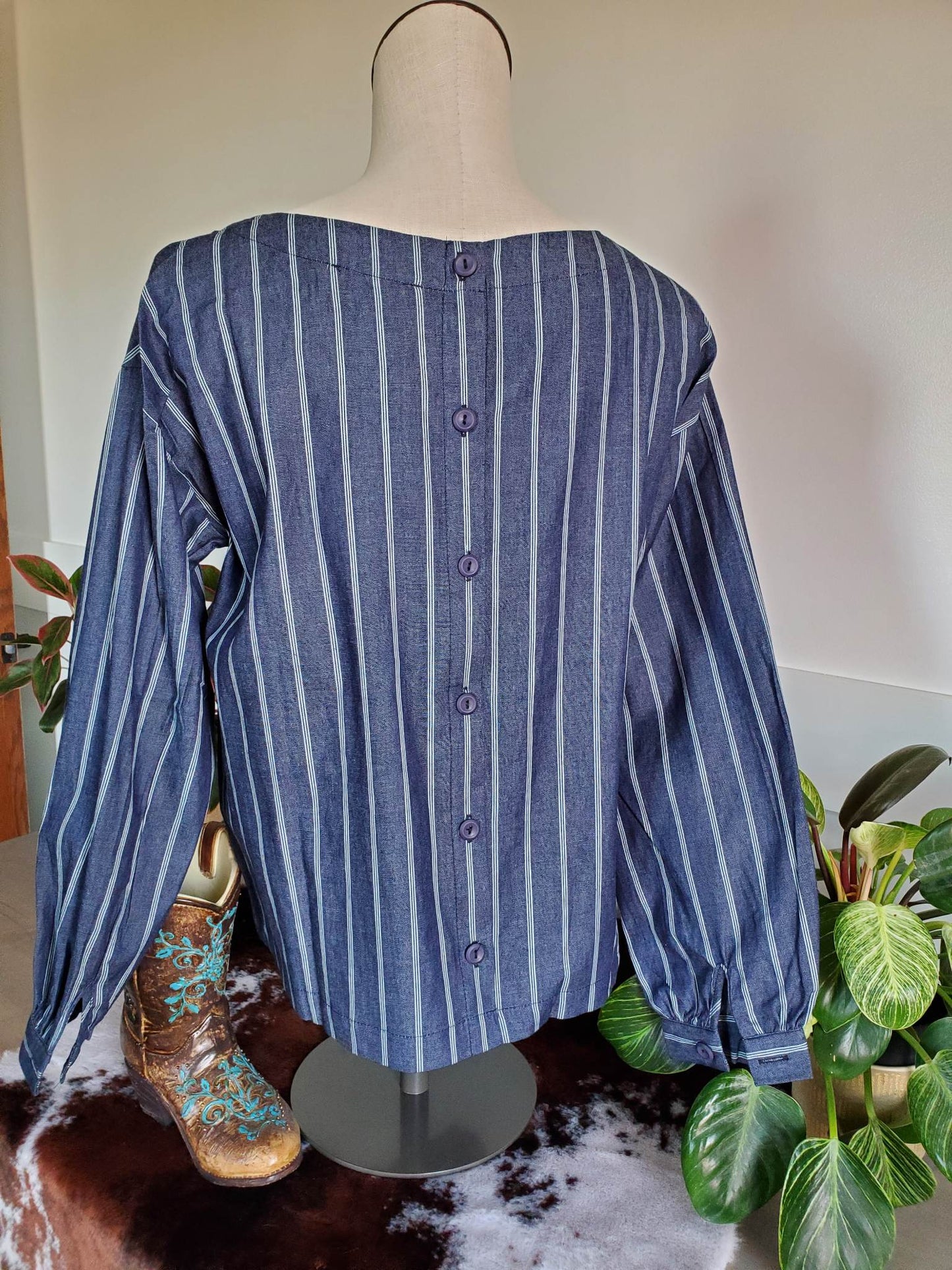 Stripe Navy Chambray Top With Button Back