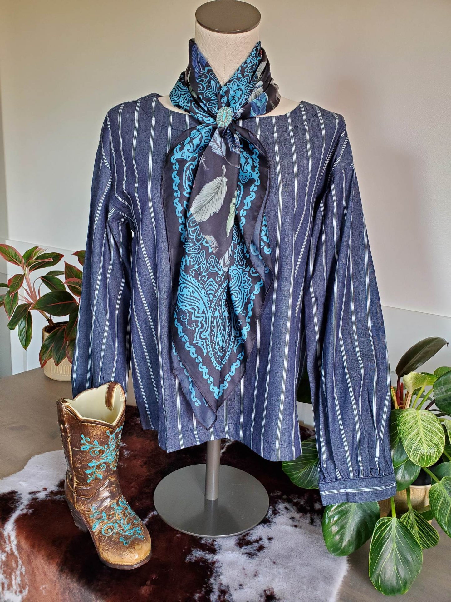 Stripe Navy Chambray Top With Button Back