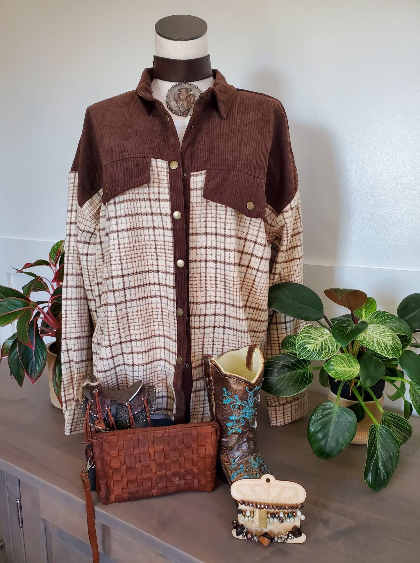 Two Tone Plaid Corduroy Button Up Shirt /Jacket