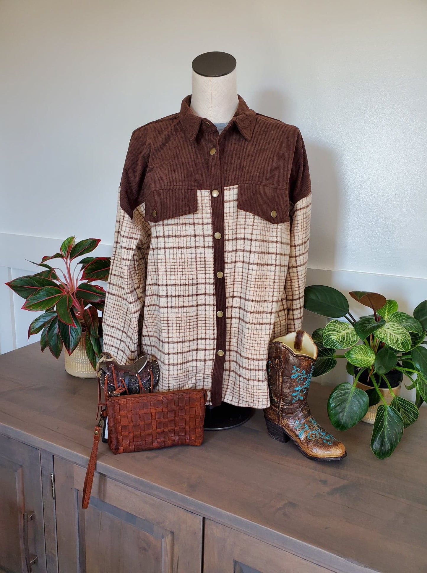 Two Tone Plaid Corduroy Button Up Shirt /Jacket