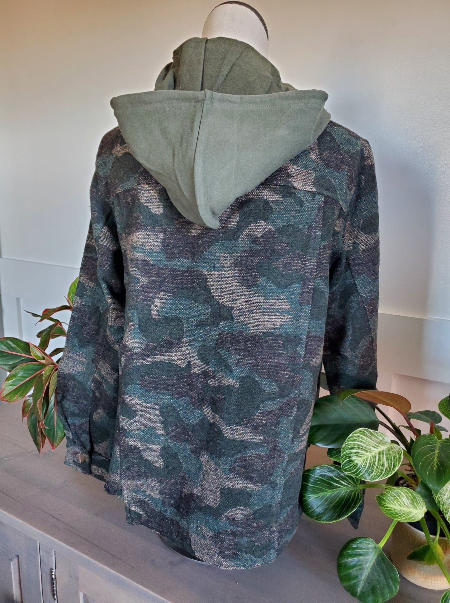Hunter Green Raw Hem Camo Shirt Jacket With Hoodie