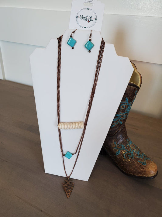 Copper Arrowhead and Turquoise Necklace and Earring Set