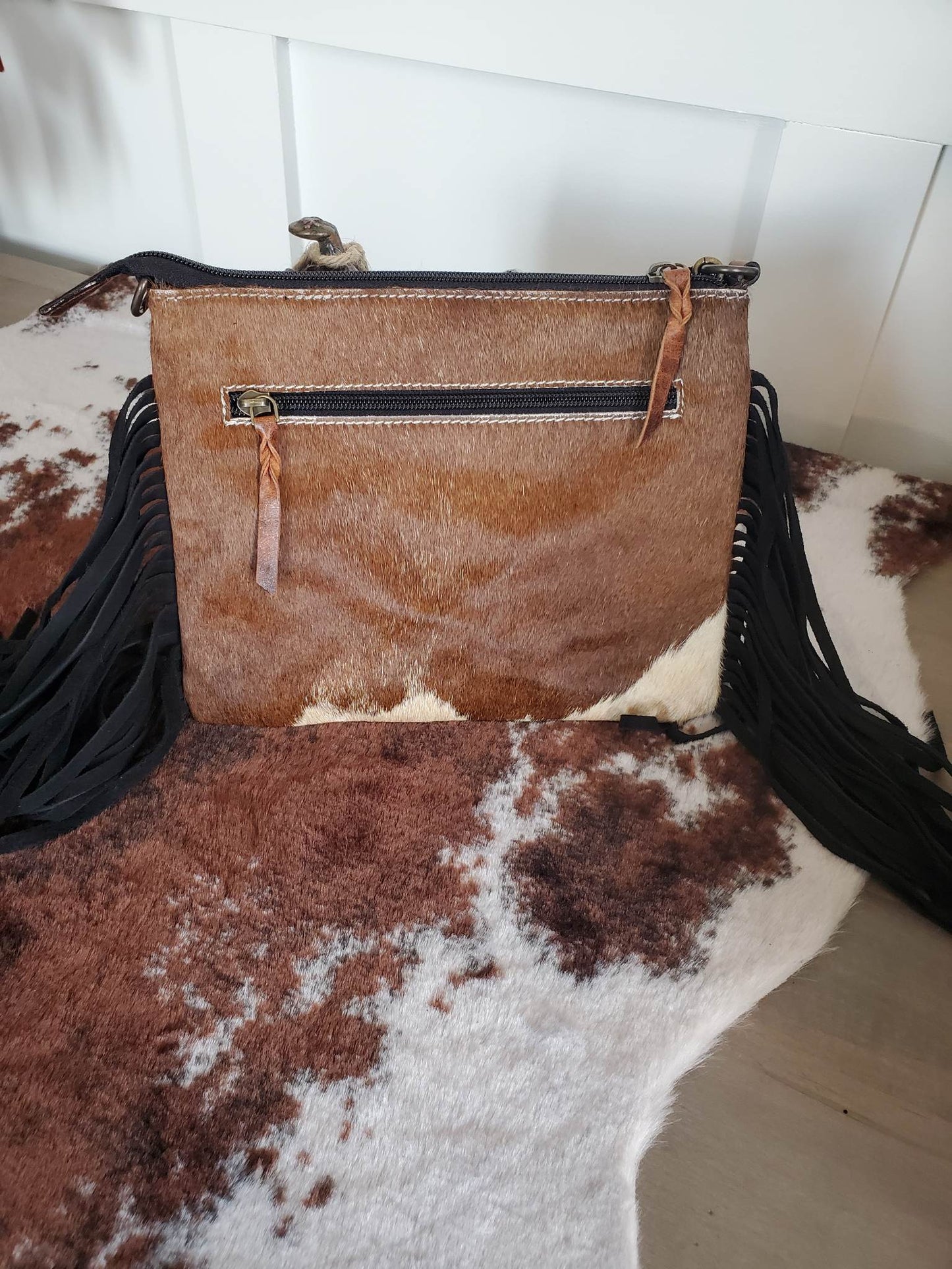 Cross Body Leather Tooled Wool And Hair On Hide Bag