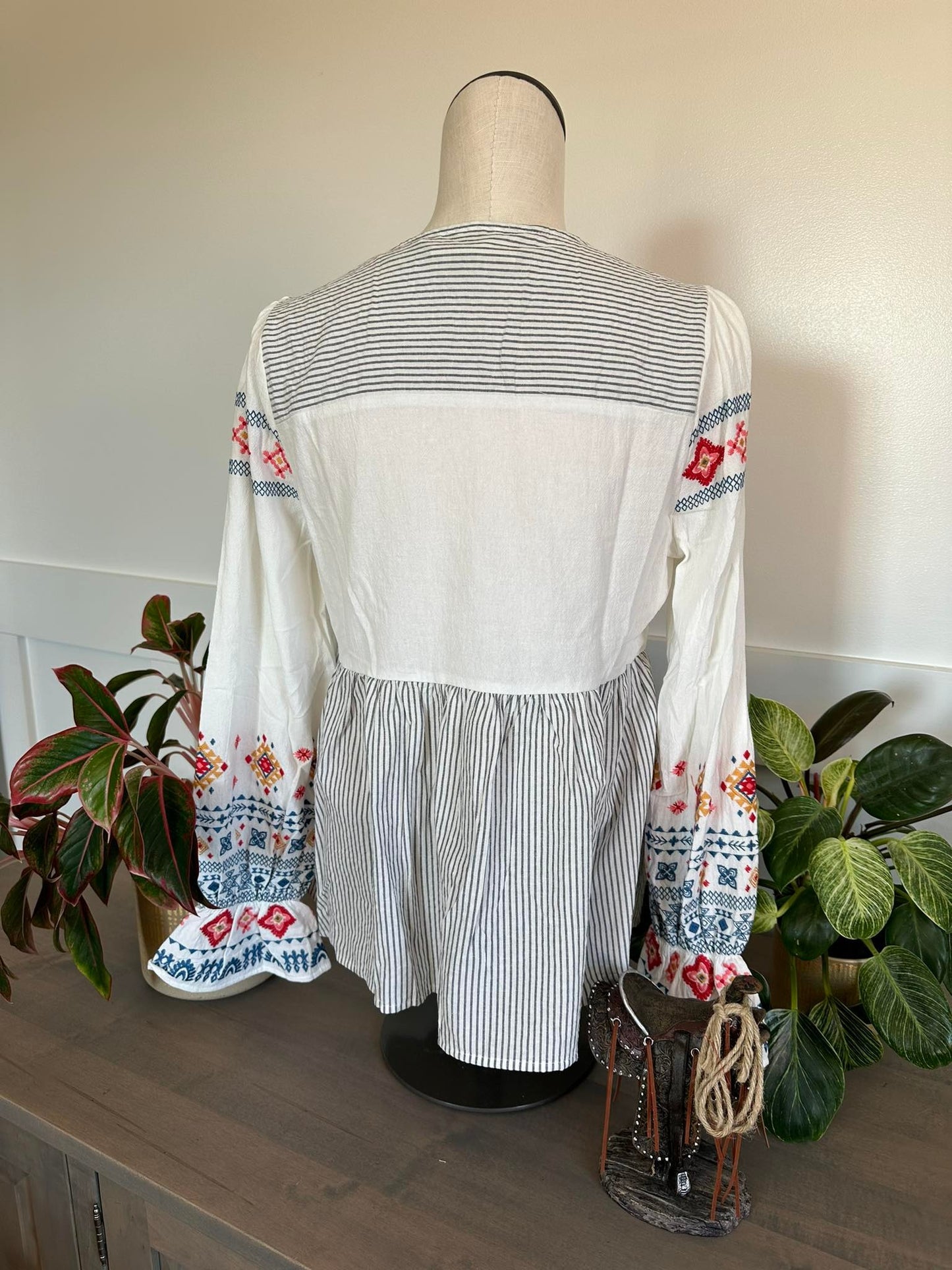 Denim Front Embroidered White Embroidered Long Sleeve Top