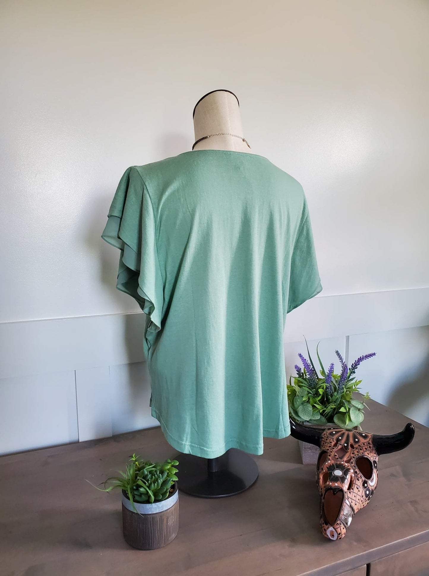 Sage Green Double Ruffle Shirt Sleeve Top