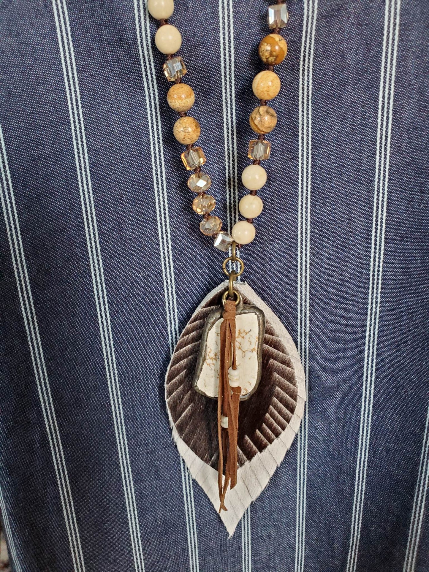 Hair On Hide Feather With White Stone and Hematite Beads Necklace