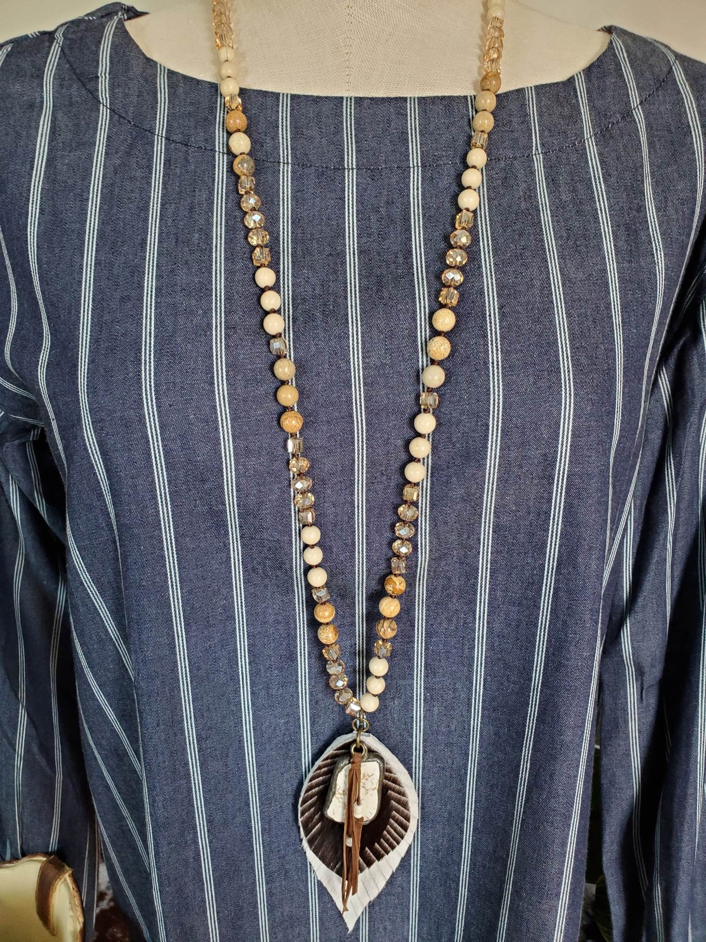Hair On Hide Feather With White Stone and Hematite Beads Necklace