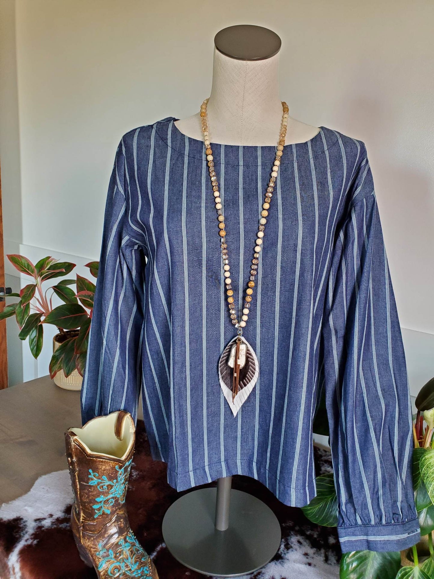 Stripe Navy Chambray Top With Button Back