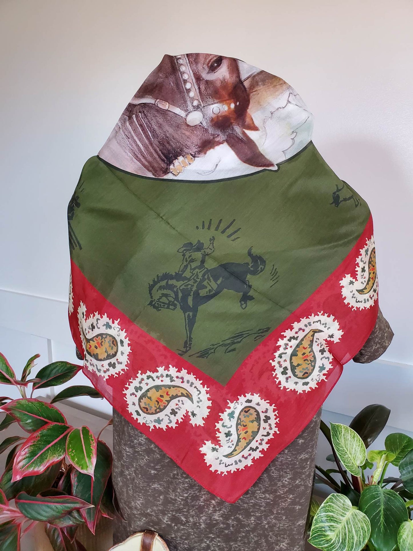Red/Green Paisley Print Horse and Women Print Scarf