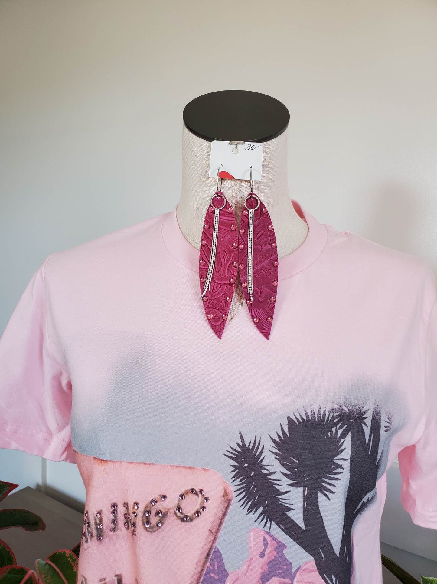 Hot Pink Leather Embossed Teardrop Earrings with Pink Stones