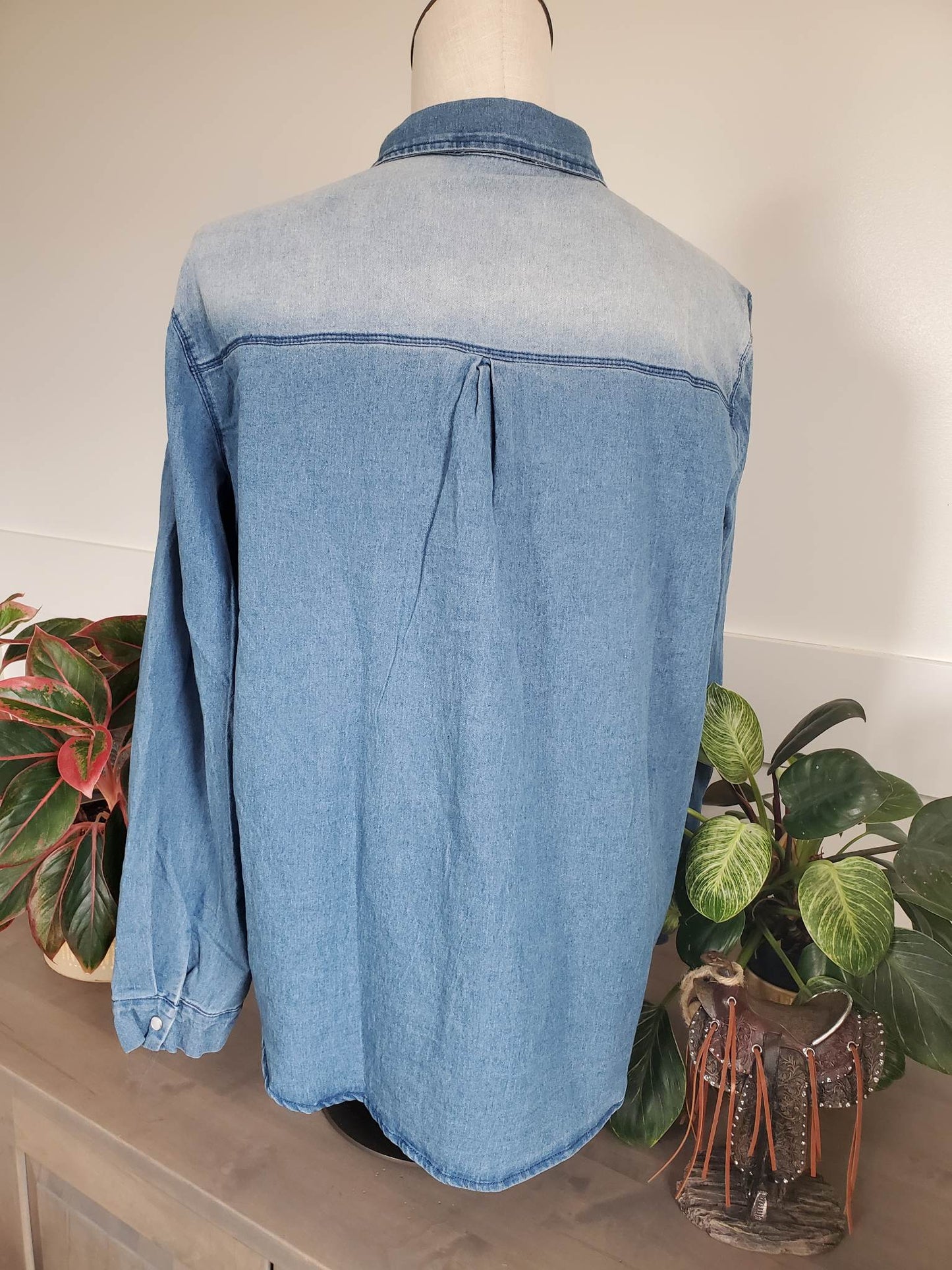 Double Pocket Snap Button Down Washed Out Denim Shirt