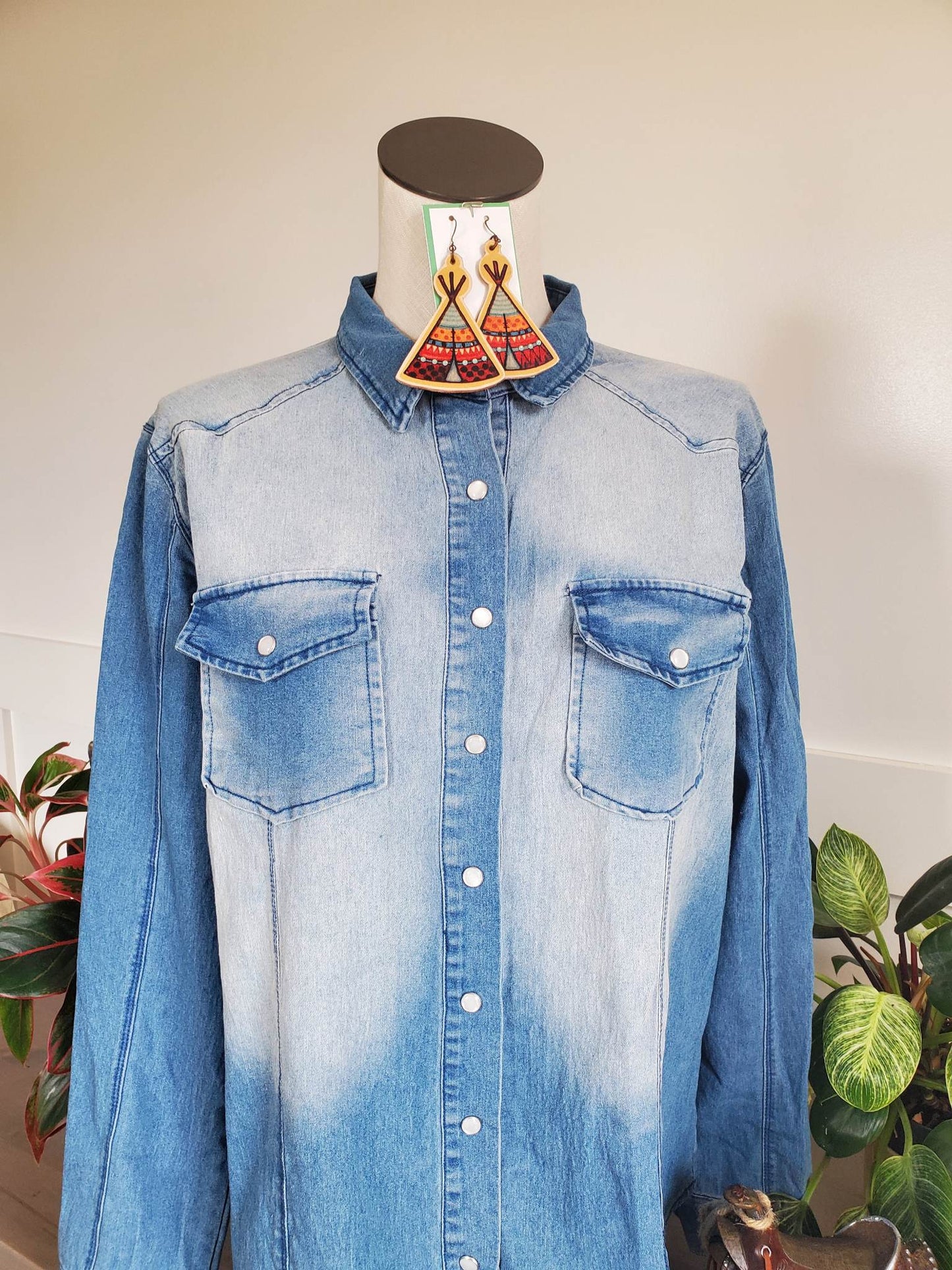 Double Pocket Snap Button Down Washed Out Denim Shirt