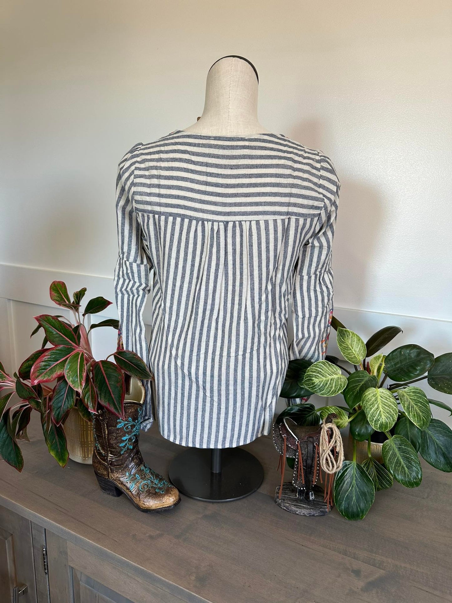 Denim Stripe Embroidered Front Top