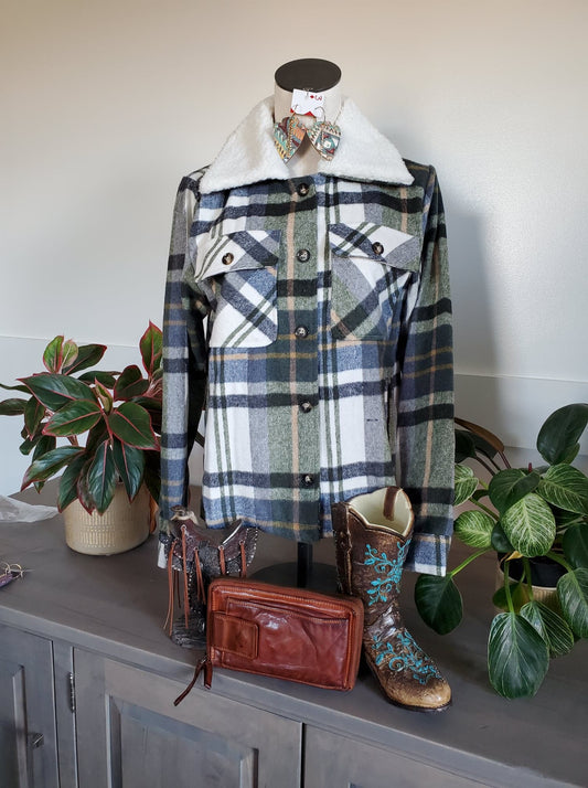 Vintage Plaid Sherpa Collared Jacket With Pockets