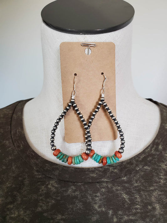 Genuine Navajo Pearl Teardrop Earrings With Turquoise And Corral