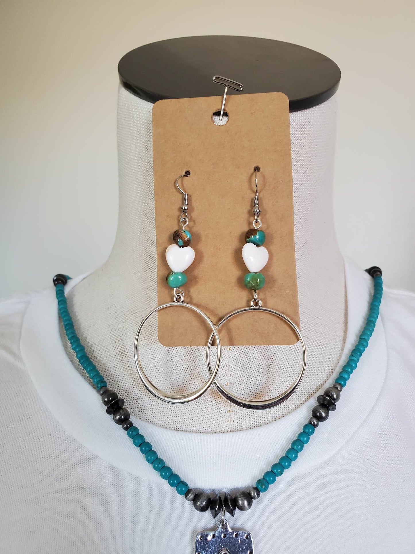 Bahama Shell Pink Heart With Turquoise and Sterling Hoop