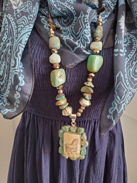 Turquoise Etched Bone Horse Necklace