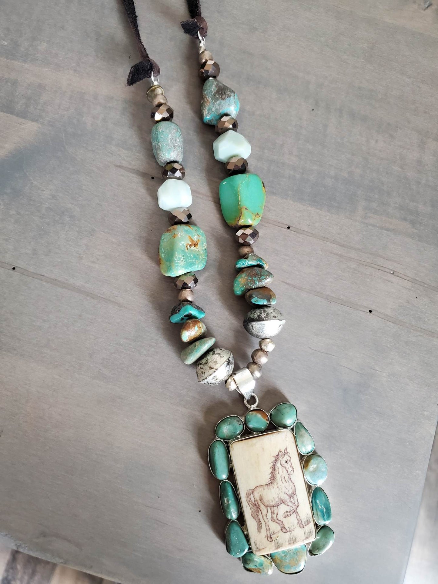 Turquoise Etched Bone Horse Necklace