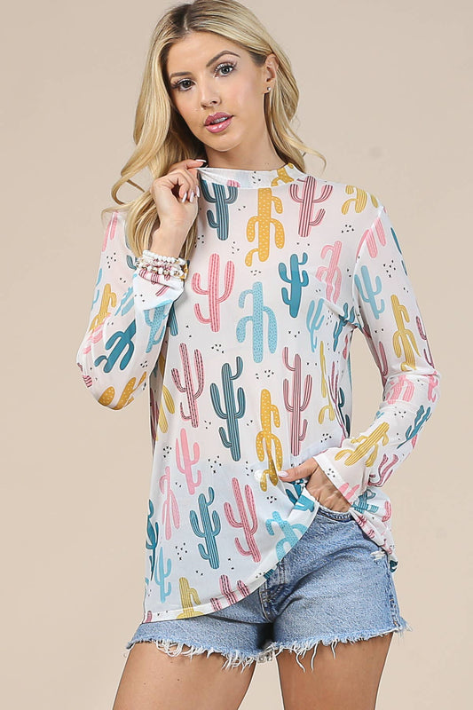 Cactus Print Mesh Top