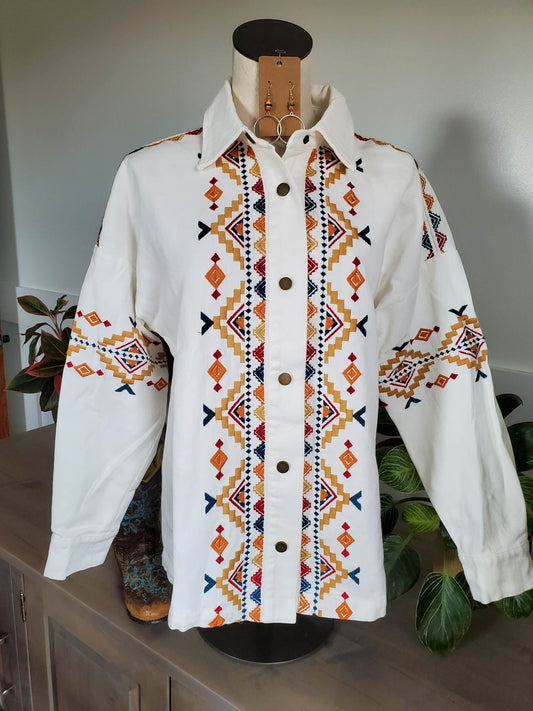 Aztec Embroidered Ivory Jean Jacket