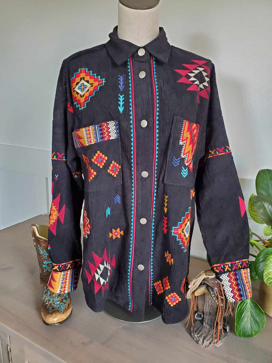 Multi Colored Embroidered Black Corduroy Jacket