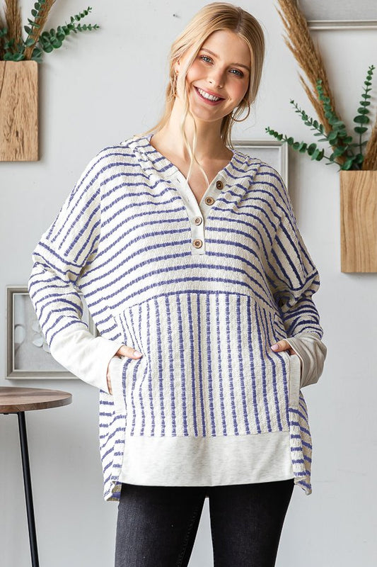 Long Sleeve Stripe and Solid Contrast Hooded Top