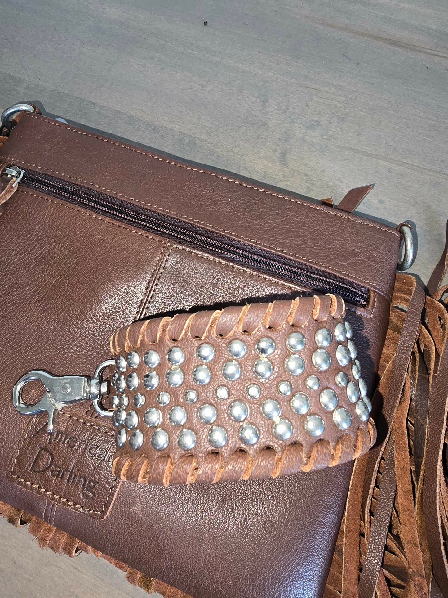 Genuine Leather Concho Fringed Crossbody Bag