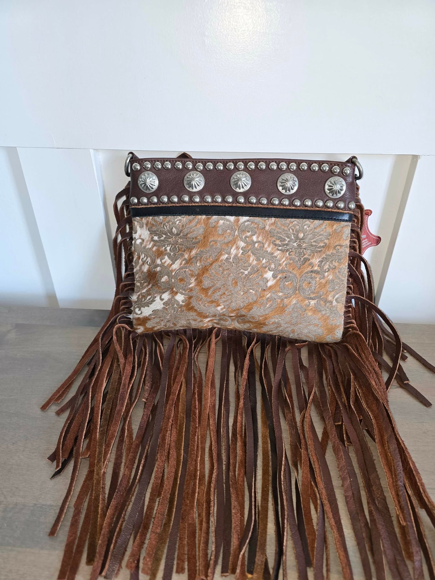 Genuine Leather Concho Fringed Crossbody Bag