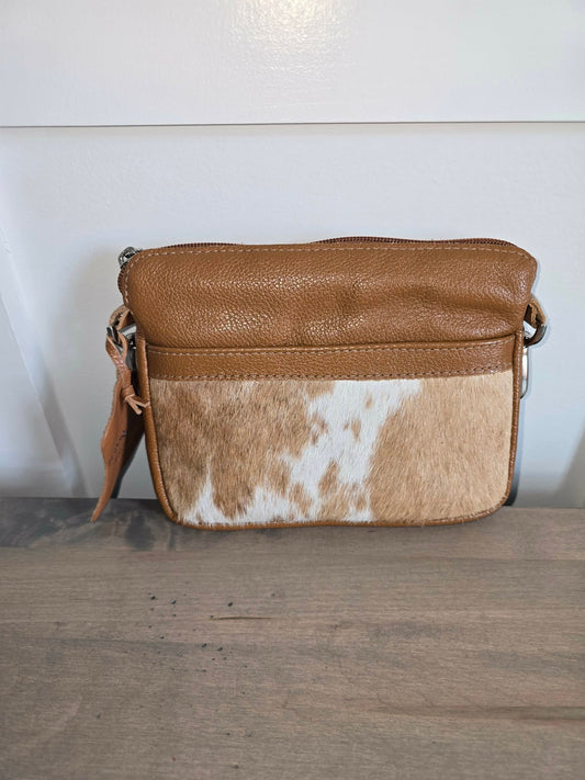 Camel Leather and Cowhide Crossbody Bag