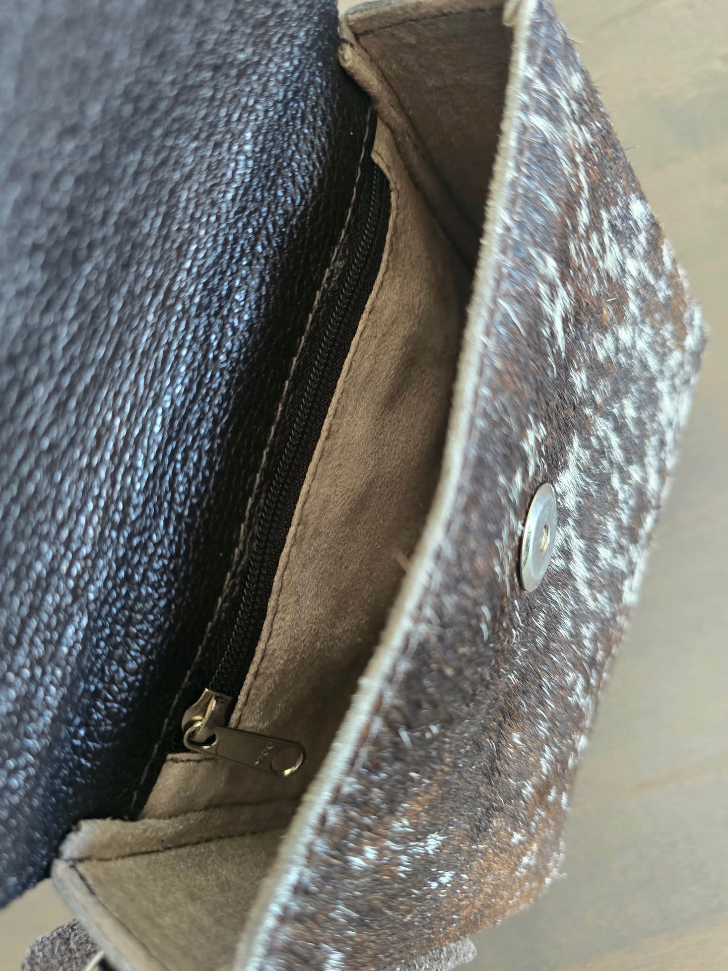 HAIR ON HIDE AND LEATHER CROSSBODY BAG
