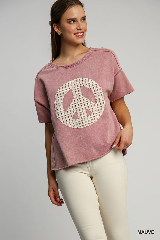 Mineral Washed French Terry Peace Appliqued T-Shirt