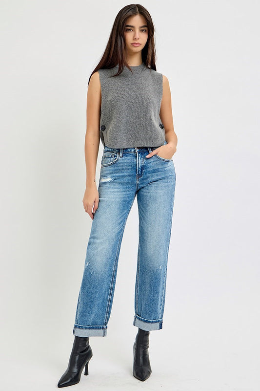 High Rise Ankle Boyfriend Distressed Jeans
