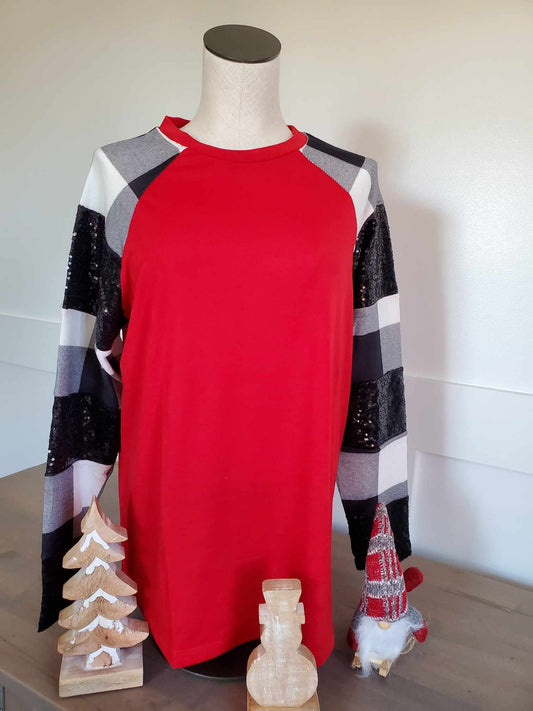 Plaid And Sequin Long Sleeve Top - Red, White And Black