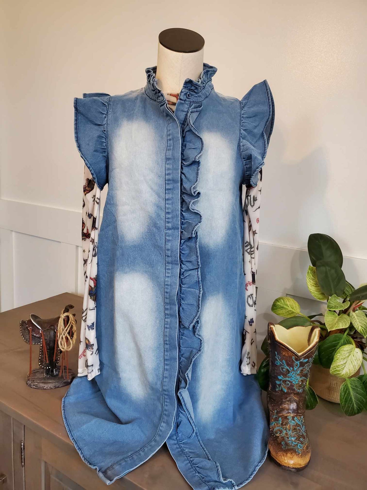 Sleeveless Button Down Ruffled Denim Dress