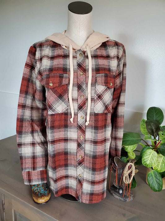 Hooded Rust Plaid Flannel Shirt