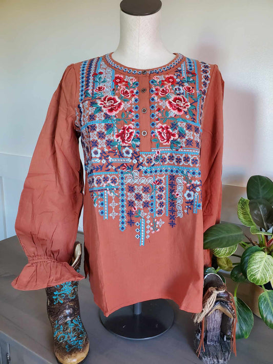 Rust Front Embroidered Top