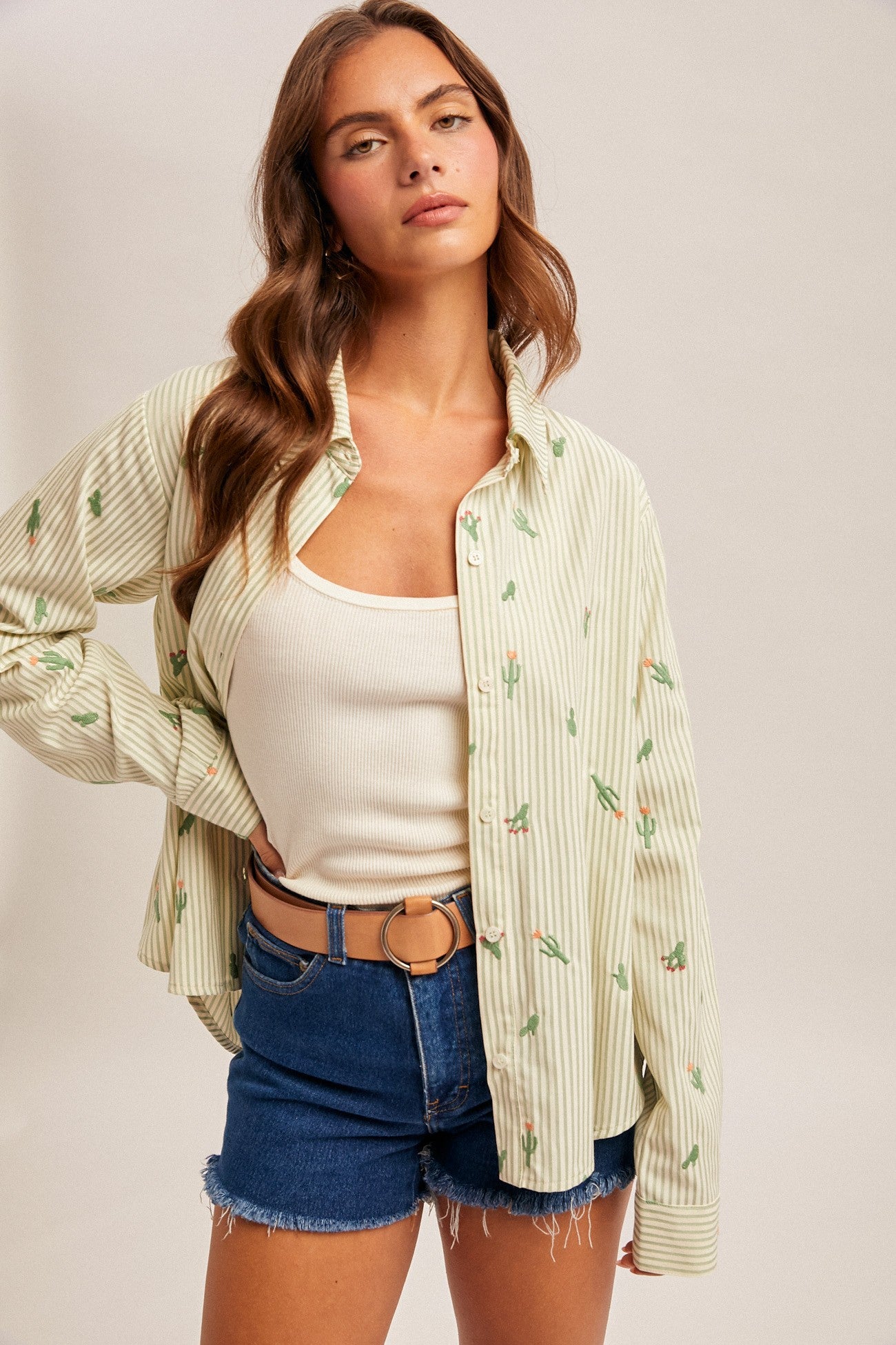 Cactus Embroidered Pleated Back Button Down Shirt