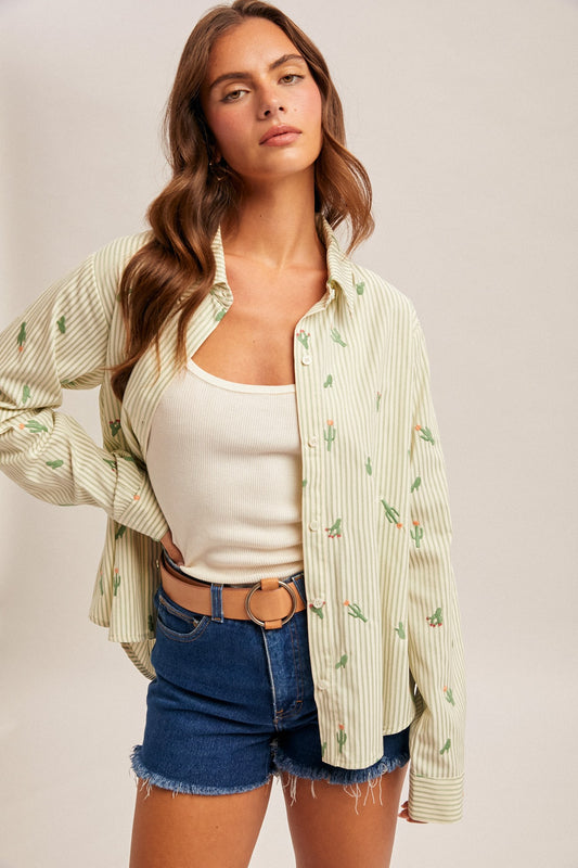 Cactus Embroidered Pleated Back Button Down Shirt