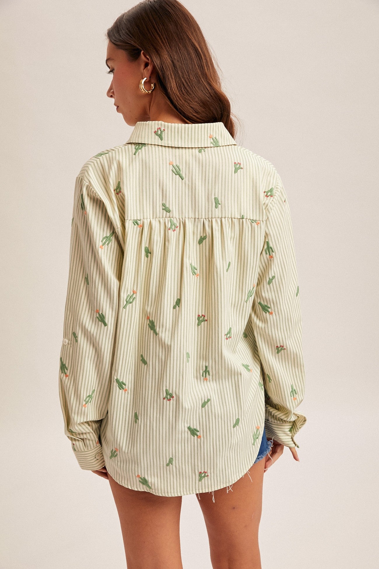 Cactus Embroidered Pleated Back Button Down Shirt
