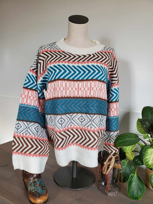 Aztec Print Crew Neck Pullover Sweater